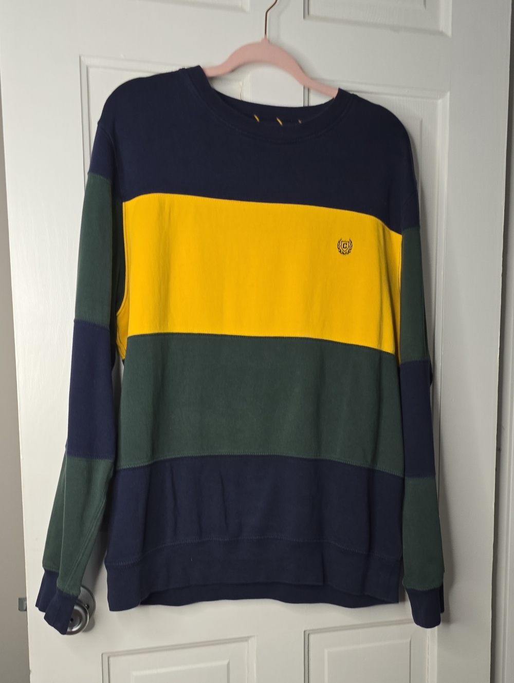 Chaps Colorblock Crewneck Sweater in Navy, Yellow, Forest Green